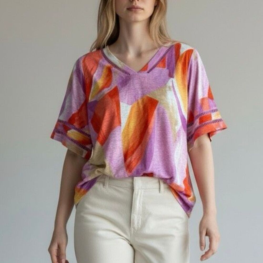 Chico's M Linen Purple Orange Abstract Blouse Preppy Luxury Artsy Boardwalk